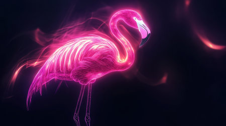 Stylized neon pink flamingo, layered with light gradients for a glowing, modern effect on dark backdropの素材