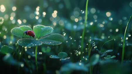 Tiny ladybug on dewy four-leaf clover, natural scene of luck and beauty in close-up view.の素材
