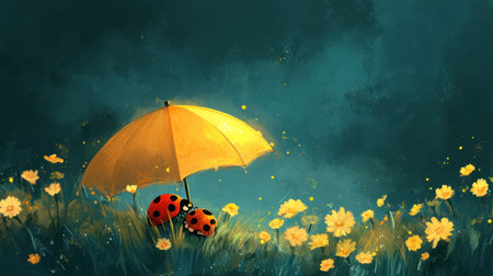 Two ladybugs huddle under a yellow umbrella in a grassy field, surrounded by yellow flowers.の素材