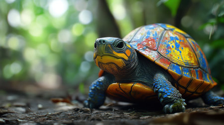 Vibrant turtle in tropical environment, shell decorated with paint splatters, blending nature and artの素材