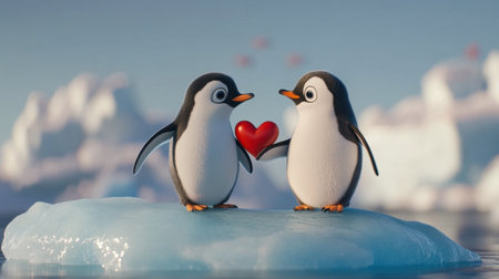 Two penguins holding flippers on an iceberg, creating a romantic Valentine Day vibe.の素材