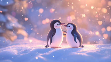Valentine penguins in a snowy landscape, affectionately close, celebrating love in a heartwarming scene.の素材