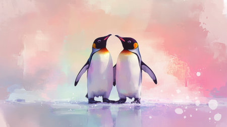 Watercolor illustration of two penguins standing on ice, surrounded by soft winter hues.の素材