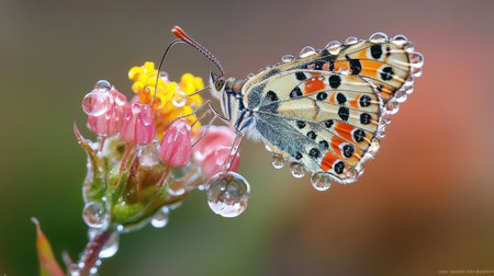 Vibrant butterfly on a flower, with delicate water droplets, capturing the beauty of morning light.の素材