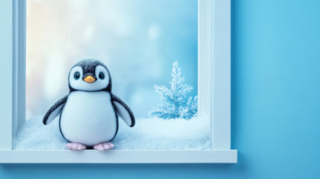 White frame on wall, with a penguin doll looking out a frosty window, creating a cozy winter feelの素材