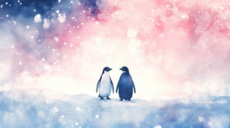 Watercolor illustration of two penguins standing on ice, surrounded by soft winter hues.の素材