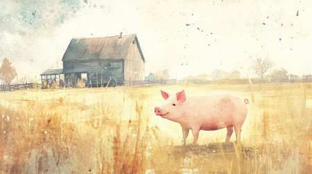 Watercolor illustration of a pink pig in a farmyard, soft colors and charming farm setting.の素材