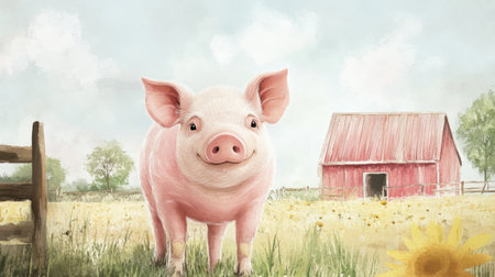 Watercolor illustration of a pink pig in a farmyard, soft colors and charming farm setting.の素材