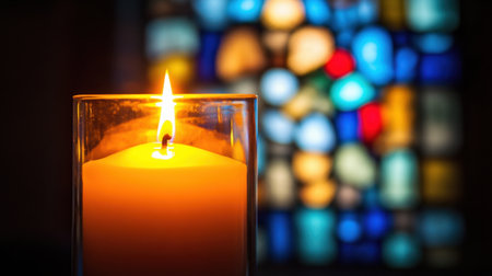 A beautiful candle flame flickering in a church, casting warm light on intricate stained glass windows, evoking a peaceful and spiritual ambiance for worship.の素材