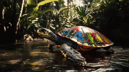 Vibrant turtle in tropical environment, shell decorated with paint splatters, blending nature and artの素材