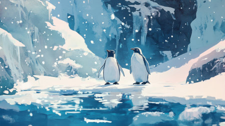 Watercolor illustration of two penguins standing on ice, surrounded by soft winter hues.の素材