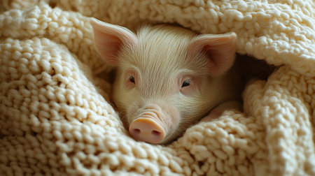 White mini pig under warm knit blanket, serene setting, cozy and gentle atmosphere.の素材