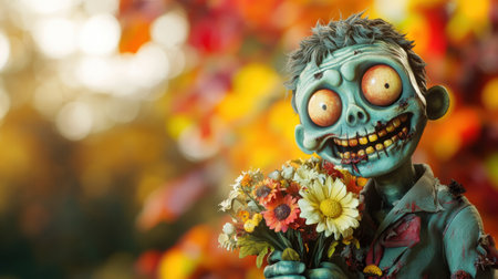 A cheerful cartoon zombie with a big smile and exaggerated features holds a bouquet of wilted flowers, wearing tattered clothes, against a vibrant Halloween backdrop.の素材