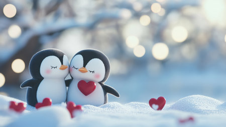 Valentine penguins in a snowy landscape, affectionately close, celebrating love in a heartwarming scene.の素材