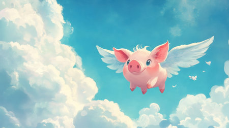 Whimsical pink pig with wings soaring through clouds, playful blue sky backdrop.の素材