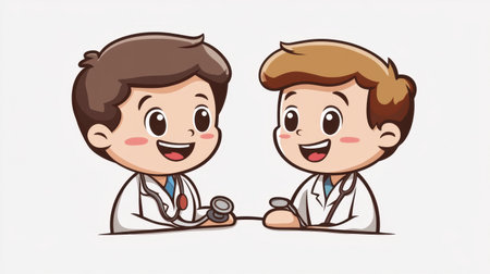 A cartoon doctor with a stethoscope is examining a patient in a cheerful manner, showcasing simple lines and vibrant colors. Isolated on a white background.の素材