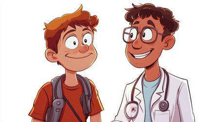 A cartoon doctor with a stethoscope is examining a patient in a cheerful manner, showcasing simple lines and vibrant colors. Isolated on a white background.の素材