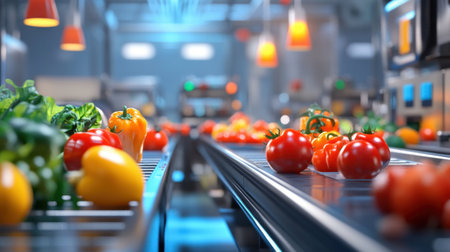 A clean and efficient food processing plant scene with a conveyor belt transporting fresh produce, highlighting the importance of precision and reliability in the food industryの素材