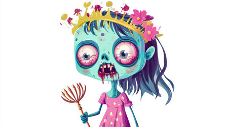 A charming zombie princess with big eyes, depicted in colorful cartoon style, holding a broken scepter and showcasing a whimsical demeanor, isolated on white.の素材