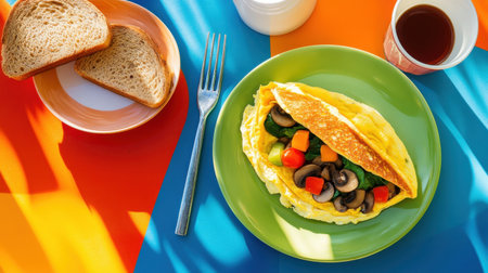 A colorful breakfast scene featuring a fluffy omelet stuffed with mushrooms and spinach, paired with whole wheat toast, inviting a delicious start to the day.の素材
