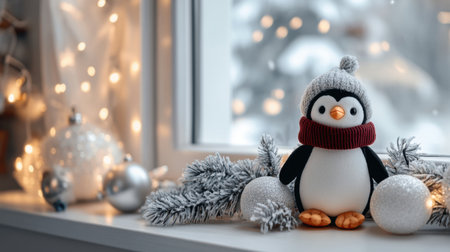 White frame on wall, with a penguin doll looking out a frosty window, creating a cozy winter feelの素材