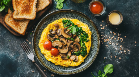 A colorful breakfast scene featuring a fluffy omelet stuffed with mushrooms and spinach, paired with whole wheat toast, inviting a delicious start to the day.の素材