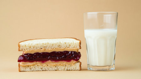 A classic peanut butter and jelly sandwich served with a glass of milk, showcasing a simple yet nostalgic snack, perfect for evoking childhood memories.の素材