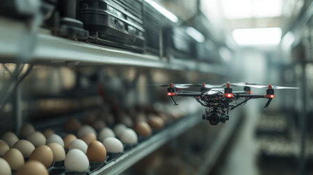 A clean and efficient modern farm featuring drone technology for egg collection, with healthy white hens in tidy coops, illustrating innovation in poultry farming. -の素材