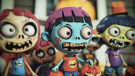 A cheerful group of cartoon zombie kids trick-or-treating in colorful costumes, with oversized heads and playful expressions, set against a Halloween backdrop.の素材