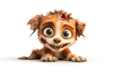 A cute zombie puppy with one ear missing and big eyes, dressed in tattered fur, featuring a playful expression in a fun cartoon style, isolated on a white backgroundの素材