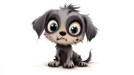 A cute zombie puppy with one ear missing and big eyes, dressed in tattered fur, featuring a playful expression in a fun cartoon style, isolated on a white backgroundの素材