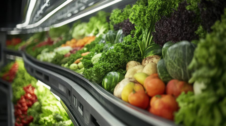 A dynamic image of a conveyor belt transporting fresh fruits and vegetables in a clean food processing plant, showcasing the efficiency and precision of industry equipment.の素材