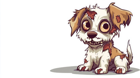 A cute zombie puppy with one ear missing and big eyes, dressed in tattered fur, featuring a playful expression in a fun cartoon style, isolated on a white backgroundの素材