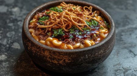 A hearty serving of BBQ pulled pork mac and cheese topped with crispy onions, served in a rustic bowl, emphasizing rich flavors and colorful presentationの素材