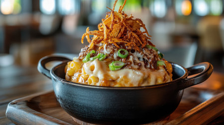 A hearty serving of BBQ pulled pork mac and cheese topped with crispy onions, served in a rustic bowl, emphasizing rich flavors and colorful presentationの素材