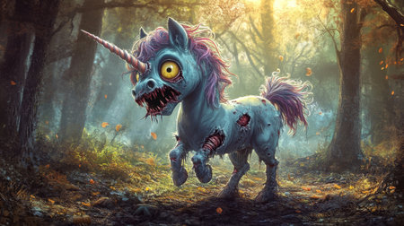 A playful zombie unicorn with a crooked horn, big eyes, and tattered mane, captured in a colorful cartoon style, bringing a spooky twist to Halloween.の素材