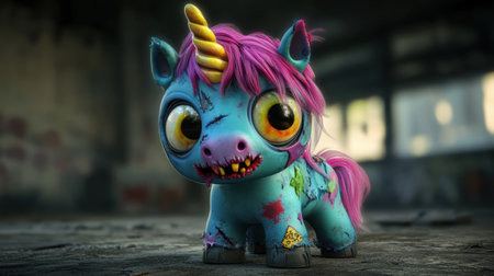 A playful zombie unicorn with a crooked horn, big eyes, and tattered mane, captured in a colorful cartoon style, bringing a spooky twist to Halloween.の素材