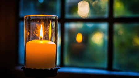 A tranquil candle flame illuminating stained glass windows in a peaceful church setting, creating a serene and spiritual atmosphere perfect for reflection.の素材