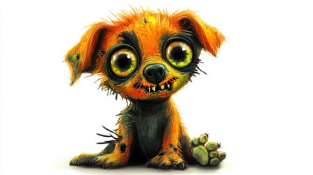 A playful zombie puppy with tattered fur and a big-eyed expression, portrayed in a vibrant cartoon style, isolated on a white background.の素材