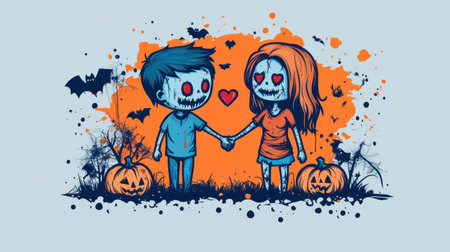 A playful cartoon-style zombie couple with heart-shaped eyes, holding hands lovingly, surrounded by Halloween elements like pumpkins and cobwebs.の素材