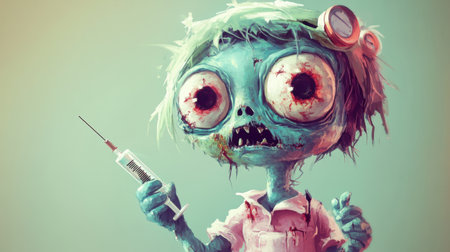 A playful zombie nurse with a tattered uniform and big eyes, holding a syringe, captured in a colorful cartoon style, adding a spooky flair for Halloweenの素材