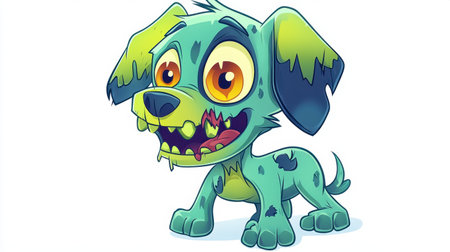 Adorable zombie puppy with a playful grin, featuring one ear missing and colorful cartoon details, isolated on a bright white background.の素材