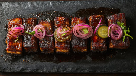 A tantalizing display of BBQ pork belly burnt ends, glistening with sticky glaze, beautifully arranged on a dark slate board with vibrant pickled onions for garnish.の素材