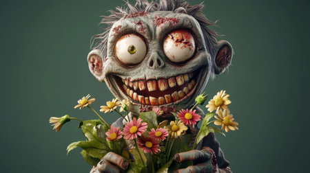 Adorable cartoon-style zombie with a big grin and tattered clothing proudly presents a bouquet of dead flowers, featuring playful and exaggerated features, for Halloween.の素材