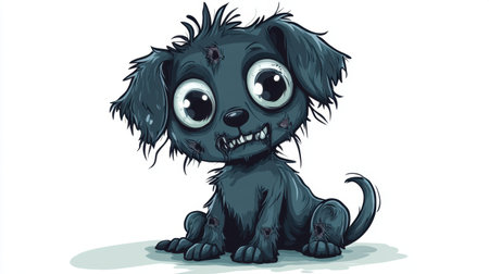 A playful zombie puppy with tattered fur and a big-eyed expression, portrayed in a vibrant cartoon style, isolated on a white background.の素材