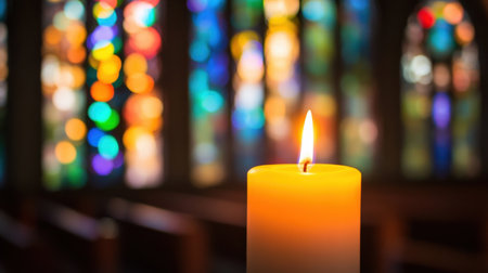 A tranquil candle flame illuminating stained glass windows in a peaceful church setting, creating a serene and spiritual atmosphere perfect for reflection.の素材