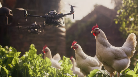 A state-of-the-art farm utilizing drones for egg collection, showcasing white hens in clean coops, reflecting the future of agriculture through technology and efficiency.の素材