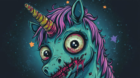 An adorable zombie unicorn with a crooked horn and tattered mane, featuring big eyes and a playful expression, depicted in a colorful cartoon style for Halloween.の素材