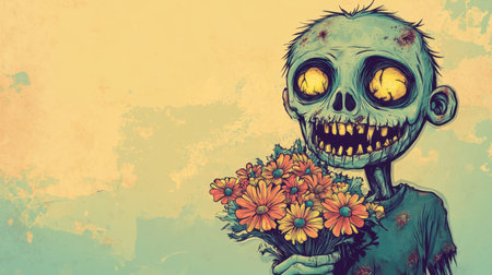 Adorable cartoon-style zombie with a big grin and tattered clothing proudly presents a bouquet of dead flowers, featuring playful and exaggerated features, for Halloween.の素材