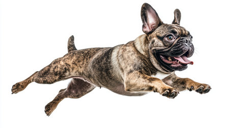 A whimsical shot of a French Bulldog caught in mid-jump, radiating joy and playfulness against a pristine white background, creating a cheerful and inviting imageの素材